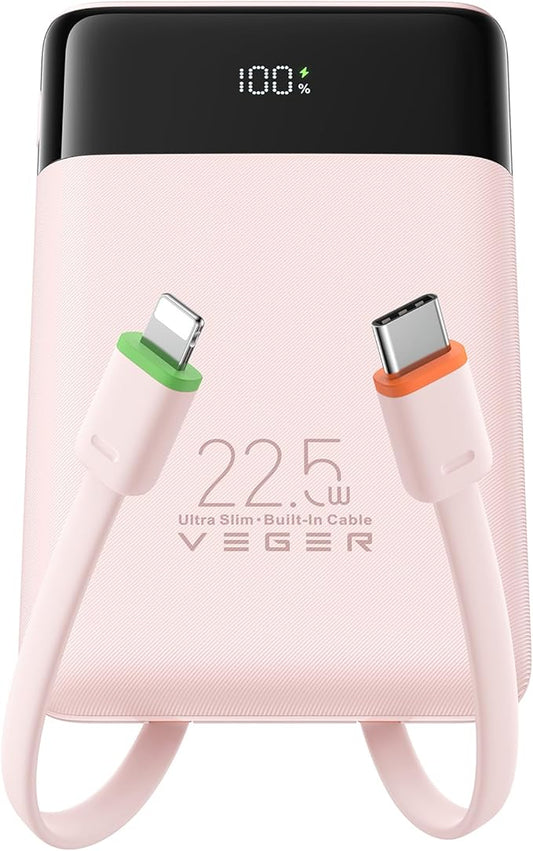 VEGER 22.5W Fast Charging Portable Charger, Slim 10000mAh Power Bank with Built-in Cables, Small USB C Battery Pack for iPhone iPad Samsung Galaxy Pixel LG Moto, Flight Safe, Travel Essential, Pink