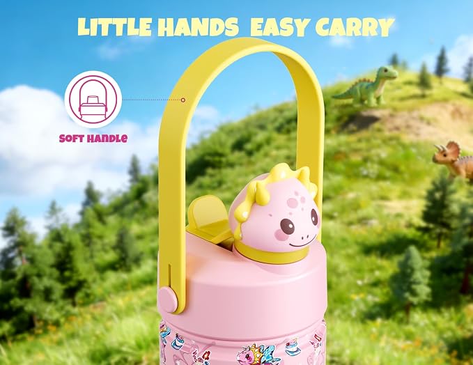 POWCAN 12 oz Kids Water Bottle: 2-in-1 Straw Spout Lid with Soft Animal Head, Leakproof, Backpack Friendly, Keep Cold 24H, Cute Patterns, Insulated Cup for School, Playtime, Trip, Gift (Lovely Trike)