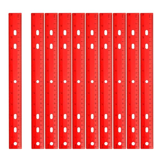 HARFINGTON 20pcs Plastic Rulers 12" (30cm) Clear Straight Ruler Measuring Tool Inches and Centimeters with Hole for Home Office Classrooms Drafting, Red
