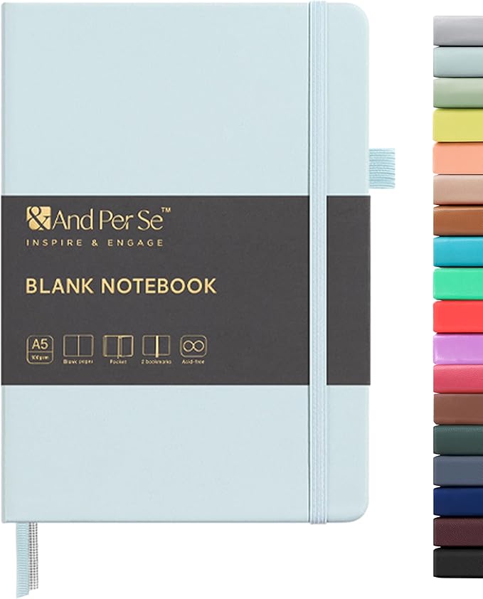 &And Per Se Blank Sketch Notebook, A5 Hardcover, 160 Pages 100gsm Thick Paper, Unlined Journal for Drawing, Doodling, Hand Lettering – Creative Gift for Artists, Designers, Writers (Cyan)