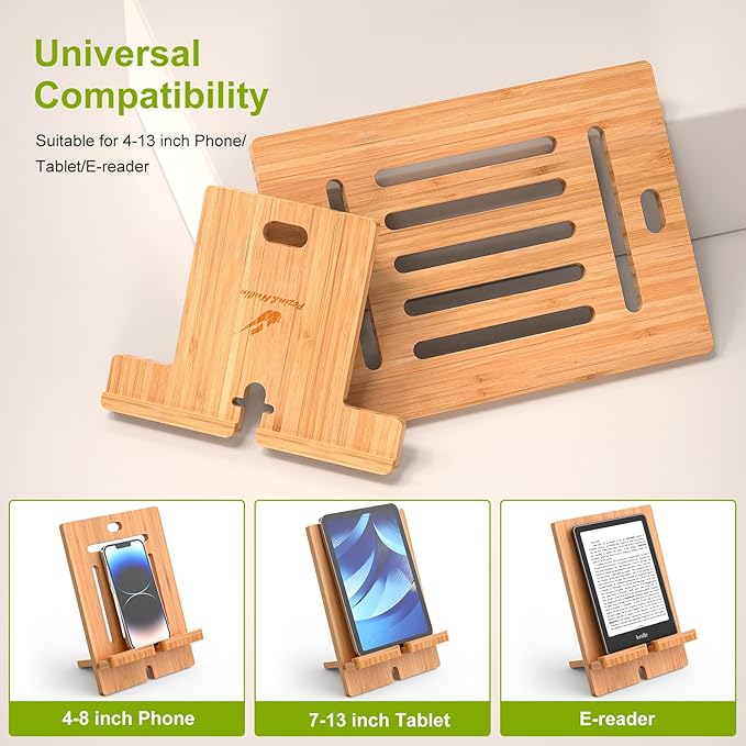 Pezin & Hulin Bamboo Tablet Stand Adjustable, Desktop Cell Phone Stand Holder Dock Compatible with Pad Air/Pro/Mini, E-Reader, Smartphone (Support to 4.7-13" Devices)-Bamboo