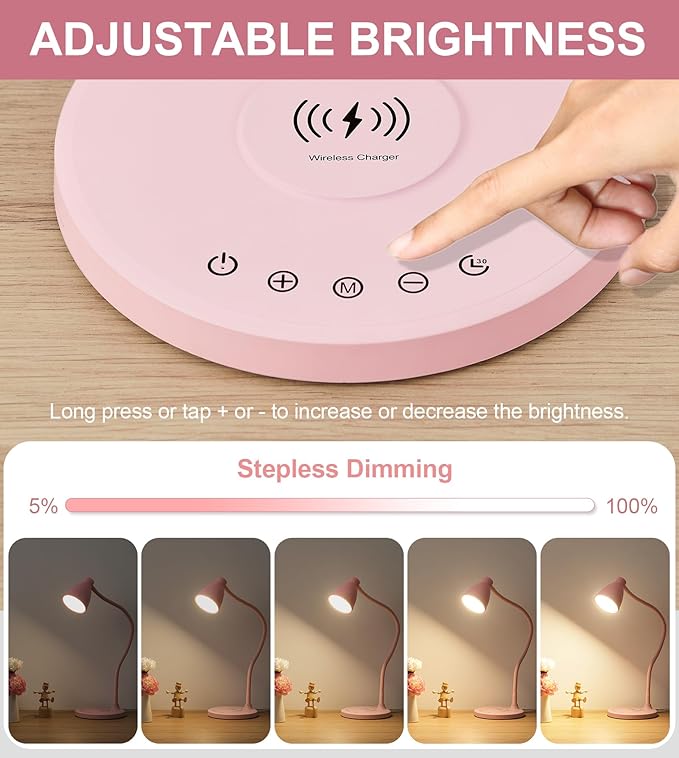 BOHON Cute Pink Aluminum Desk Lamp with USB C+A Charging Ports, Wireless Charger, 5 Colors Stepless Dimming, Touch Control, Memory Function, LED Light for Home Office College Dorm Room