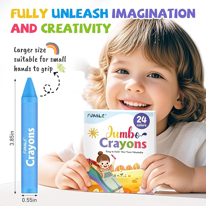 24 Colors Jumbo Crayons for Toddlers 1-3, Non-Toxic, Washable Crayon for Kids Ages 4-8, Easy to Hold and Unbreakable Big Toddler Crayons for Toddler Coloring.Best Gift for Holiday, Travel and Art