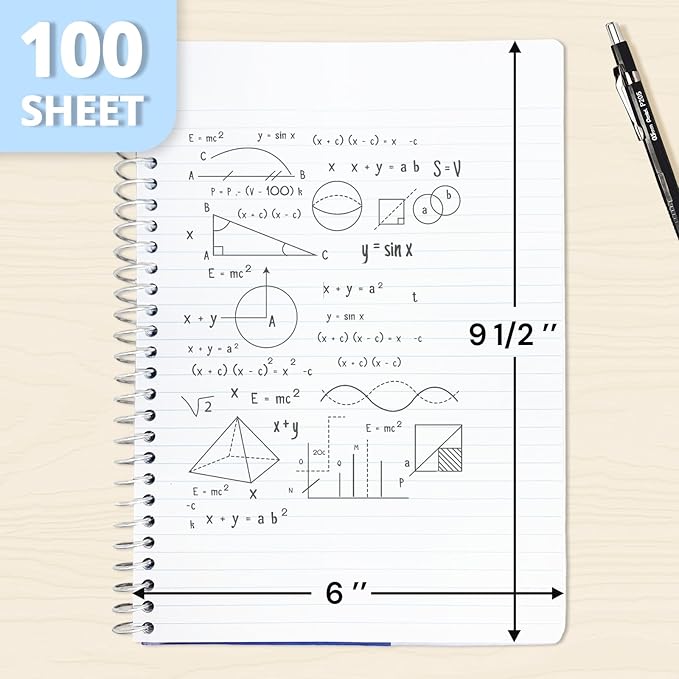 ONAVIA 2 Subject Spiral Notebook, 12 Pack, College Ruled, 6 x 9.5 in, 100 Sheets Each, Poly Cover Bulk School Notebooks for Teachers, Study, Homework and Tests, Assorted Colors