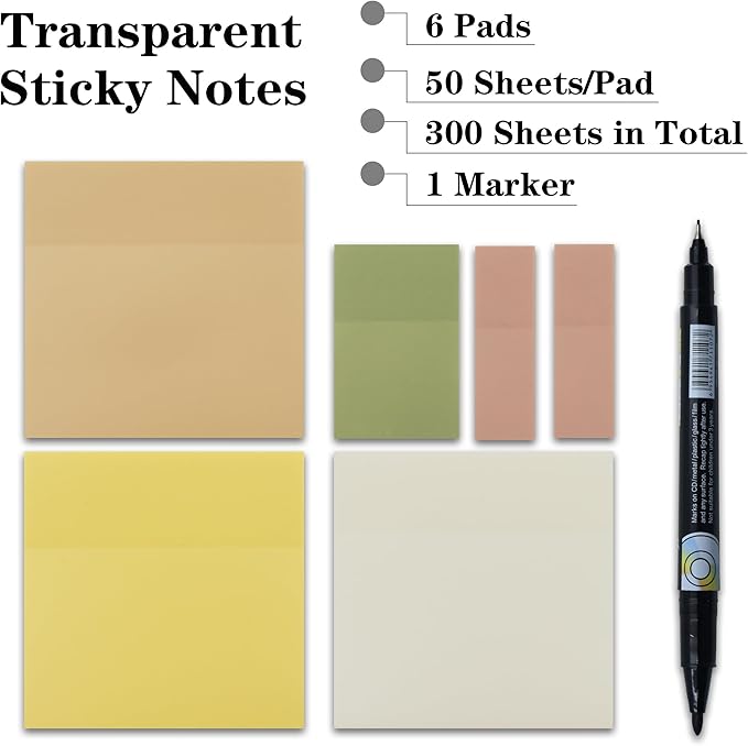 YOUDEFUL Transparent Sticky Notes, 3"x3" Cute Translucent Page Flags Book Markers Stickers, Planner Accessories Sticky Notes, Office School Bible Journaling Study Supplies