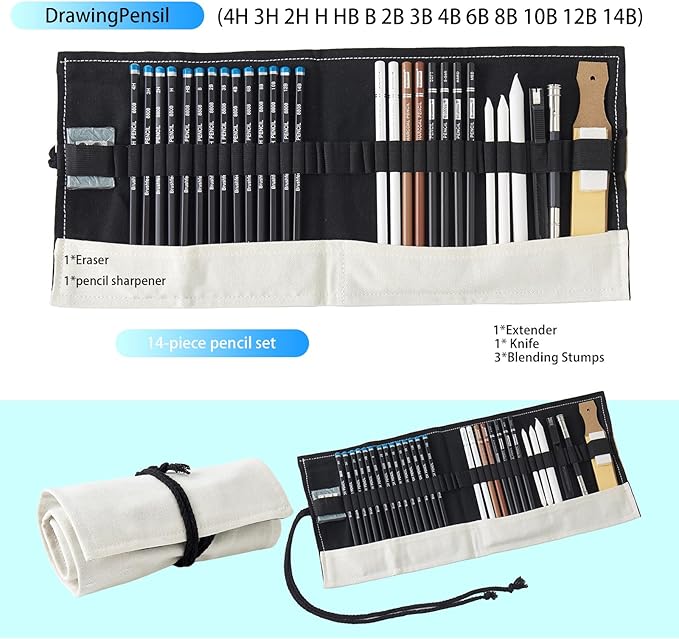 Professional Sketching Pencil Set with Full Hardness Range (3H–14B) – Graphite & Charcoal Pencils with Portable Canvas Pouch