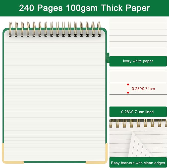 Mousbull A4 Top Spiral Notebook, Tree Pattern Large Leather Hardcover Left Handed Journal, 240 Pages 100 Gsm Lined Paper Top Bound Steno Pads for Work, School, Travel Writing - Green, 8.5" x 11"