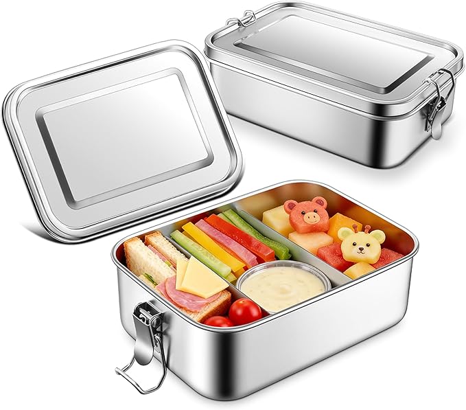 TeamFar Stainless Steel Bento Box, 2 Pack 28oz/850ml Metal Lunch Box with 3 Compartments for Adults Kids, Small Lunch Food Containers for School/Work/Meal Prep, Leak-Proof & Dishwasher Safe
