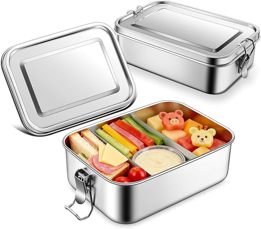 TeamFar Stainless Steel Bento Box, 2 Pack 28oz/850ml Metal Lunch Box with 3 Compartments for Adults Kids, Small Lunch Food Containers for School/Work/Meal Prep, Leak-Proof & Dishwasher Safe