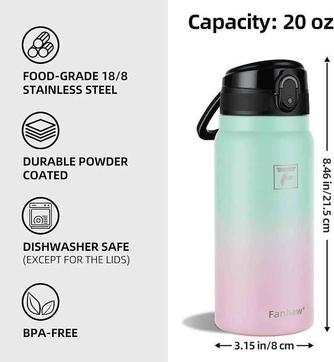 Fanhaw 20 Oz Insulated Stainless Steel Water Bottle with Chug Lid – Wide Mouth, Leak-Proof, BPA-Free – Ideal for Kids, Adults, Sports, Gym, and Outdoor Use (Green Pink)