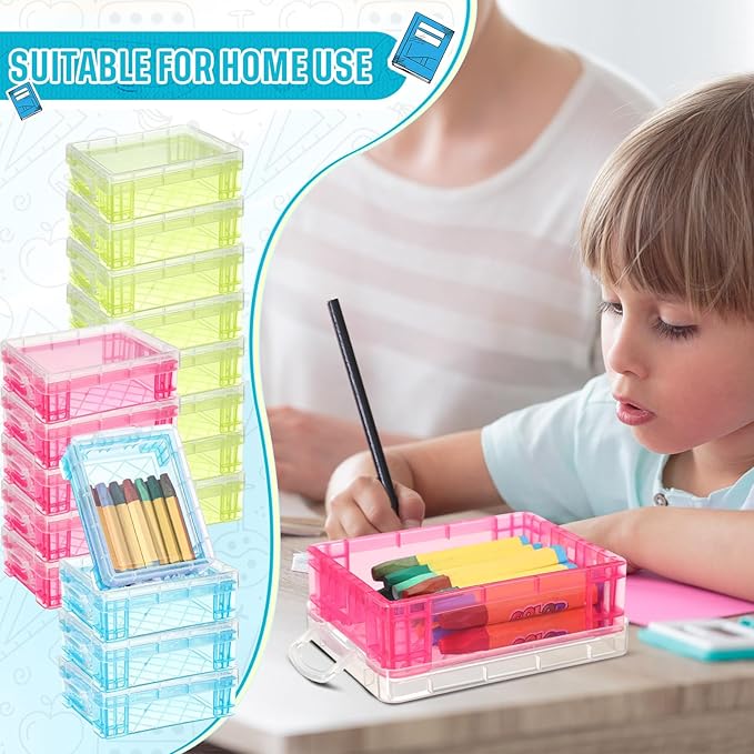 Suzile 25 Pcs Plastic Crayon Boxes with Snap Lids Crayon Storage Organizer Stackable Container Bulk Pencil Case for Pen Crafts Classroom Supplies(Red, Blue, Green)