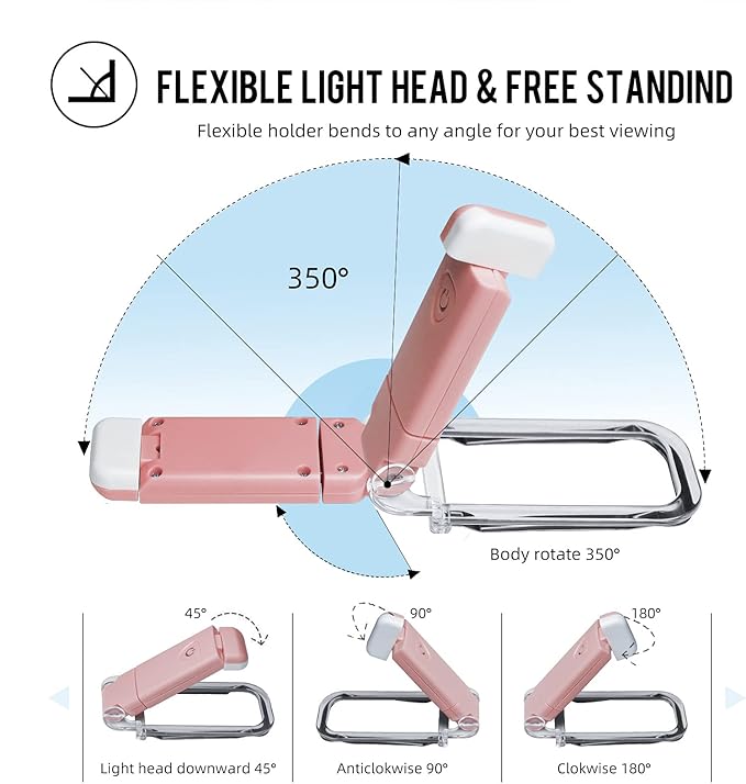 EGWASER Book Light for Reading in Bed, USB Rechargeable Clip on Book Lights, 3 Brightness Adjustable Dimmable Bookmark Light for Eye-Protection, Reading Lamp for Bookworms, Travel (2-Pack Pink)