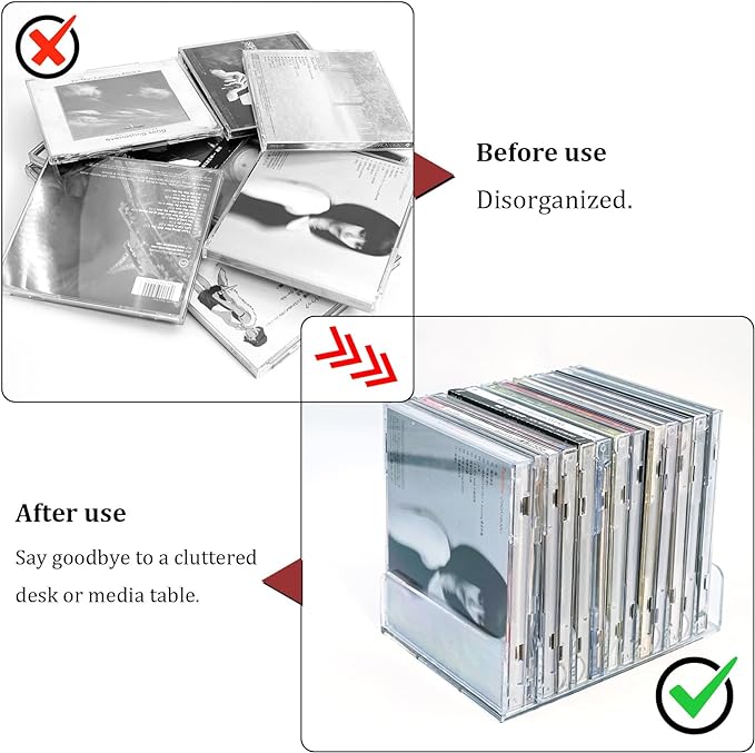 Philbinden 2 Pcs Clear Acrylic CD Holder, DVD/CD Display Rack & CD Storage Box & Vinyl Record Storage Stand Holds up to 14 Standard CD Cases for Media Shelf Storage and Organization