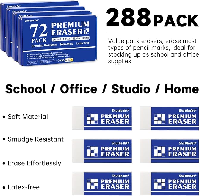 Erasers, Shuttle Art 288 Pack Premium Erasers Bulk, White Eraser Classroom Set for Kids Teachers as School and Office Supplies