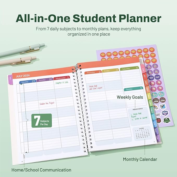 Student Planner 2026-2027, SUNEE Middle or High School Datebooks Student Planner for Academic Year Jul. 2026 - Jun. 2027, 6.5" x 8.3" Lesson Plan Book with Bookmark, Planning Stickers, Green Waves