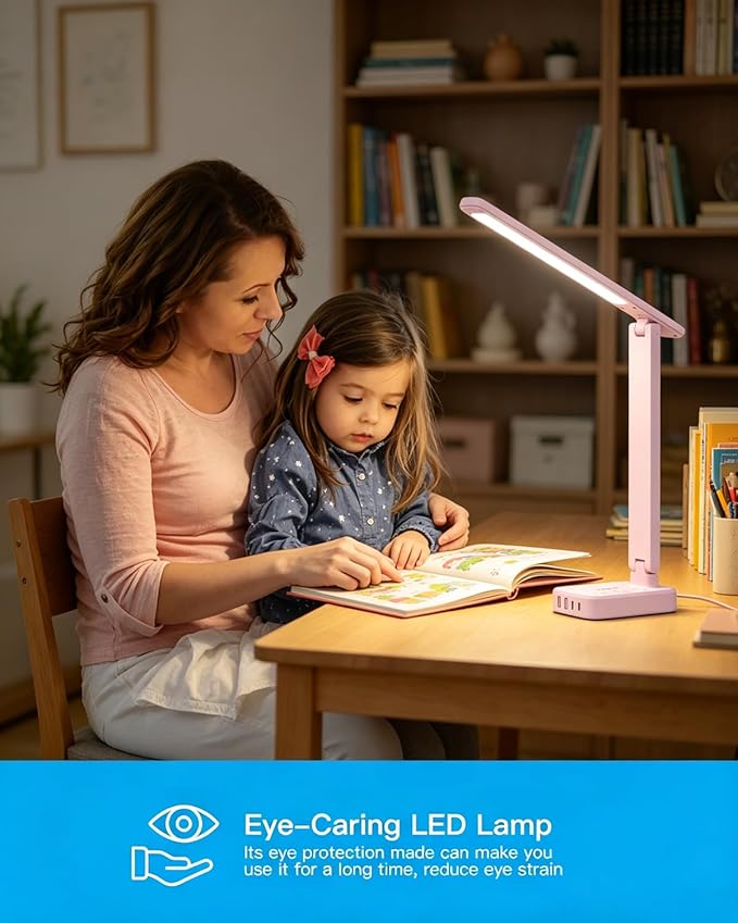 One Beat Small LED Desk Lamp Power Strip 5ft Extension Cord with 3 Outlets 4 USB Ports(2 USB C), 4 Modes, 5 Level Touch Lamp Study Reading Light, Home Office Bedroom College Dorm Room Essentials, Pink