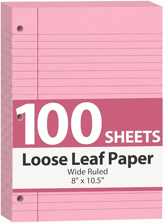 HIBOX Pink Loose Leaf Paper, Pink 100 Sheets 8"x10.5" Wide Ruled Filler Lined Notebook Paper, 3-Hole Punched for 3-Ring Binders Notebook, School & College, Women Girls Writing Work Meeting Note Taking