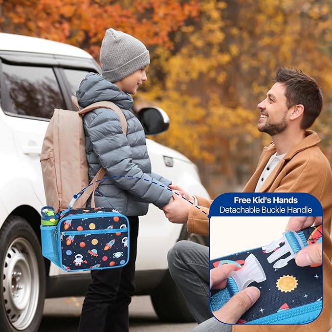 Bagseri Kids Lunch Bag Boys - Thermal Insulated Lunch Box Tote with Water Bottle Holder, Reusable Leak-Proof Kids Lunch Box for Daycare & School, Dark Blue Space Astronaut (Containers Not Included)