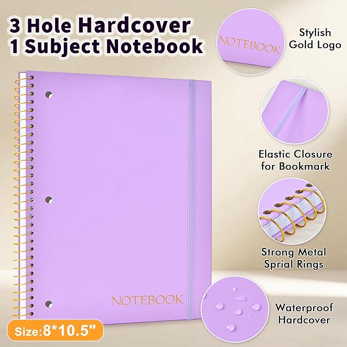 Spiral Notebook Graph Ruled Paper 8" x 10 1/2", 1 Subject Spiral Grid Notebook 3-Hole Punched Perforated Page Ideal for School, Office, Writing, 95 Sheets Lined Journaling Graphing Notebook, Purple