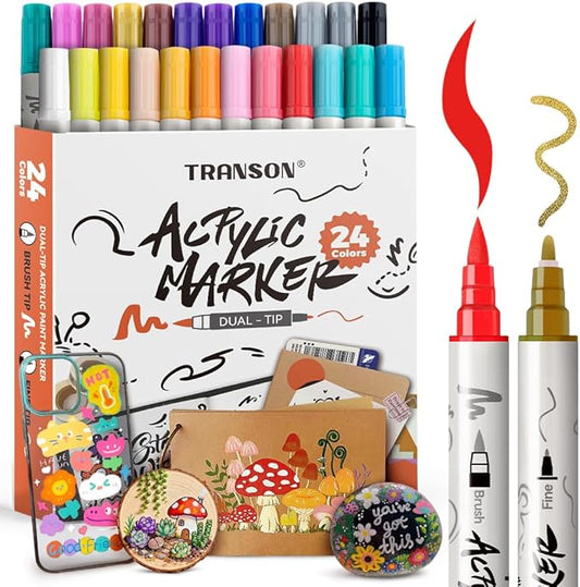 TRANSON 24 Colors Fine and Brush Dual-tip Acrylic Paint Marker Pen Set for Canvas Rock Wood Leather Ceramic DIY Painting