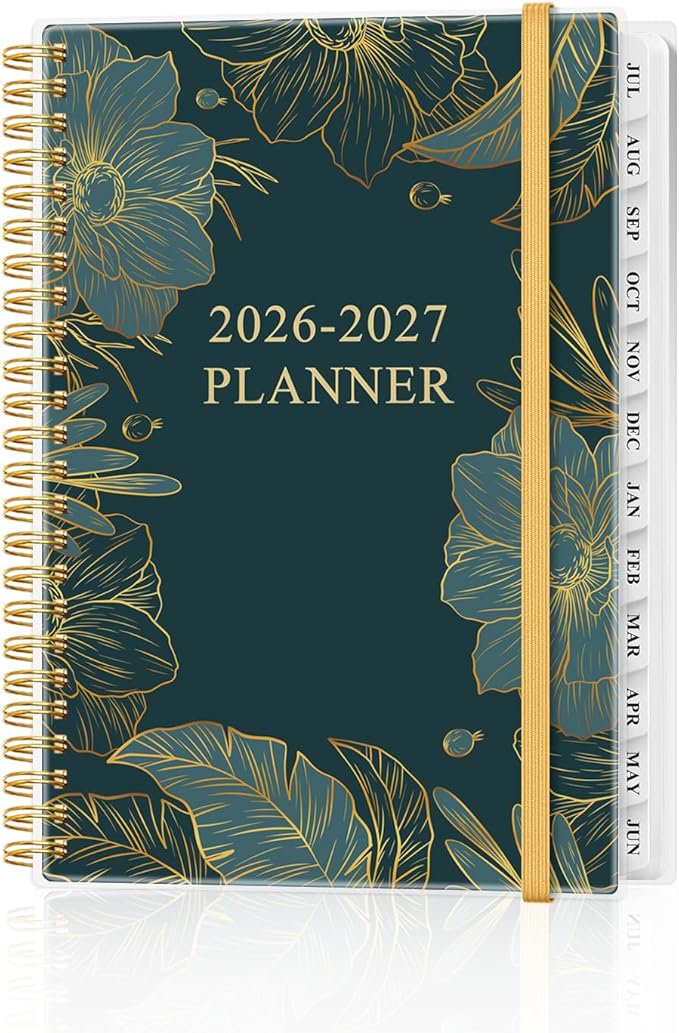 Academic Planner 2026-2027 - Weekly & Monthly Planner from July 2026 to June 2027, Agenda 2026 2027 with Inner Pocket, Elastic Band, 6.4" x 8.5", Green Gold Floral