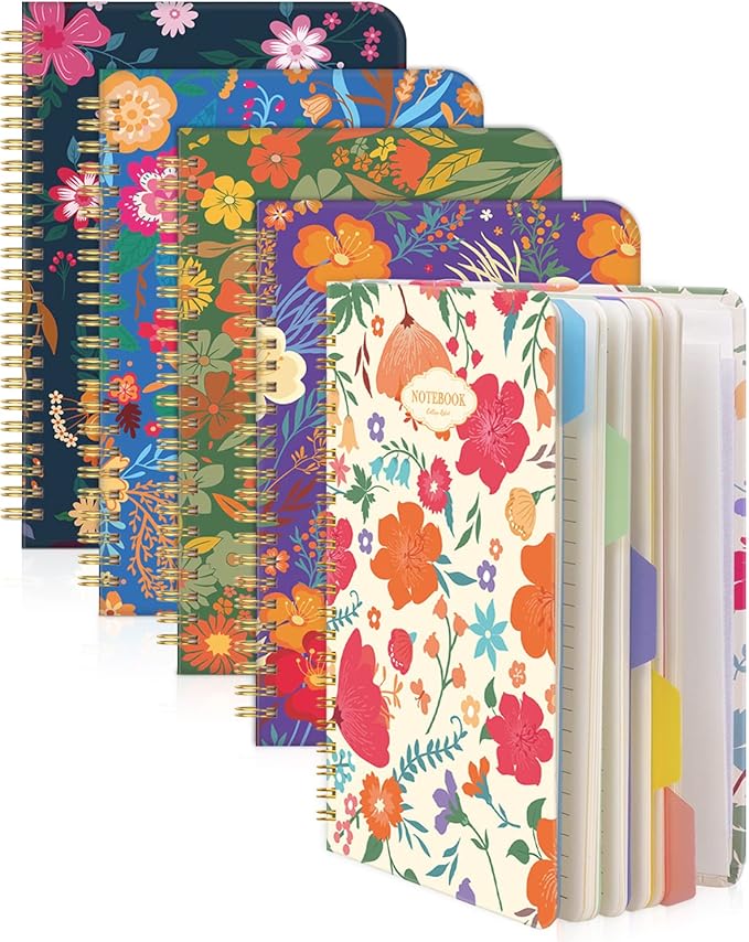 Dynta Spiral Notebooks 5 Subject 5-Pack College Ruled Hardcover with Removable Dividers 160 Pages/80 Sheets Each, A5(8.5 "x 5.7") Cute Blooming Floral, for Students Office Business Diary Book