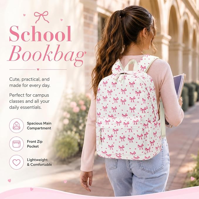 LOIDOU Backpack for Girls School Backpacks Bookbags for Elementary Middle School Women Laptop Backpacks (Bow Tie Beige, L-17)