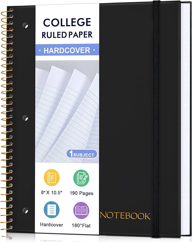 MUAHLIUB Spiral Notebook College Ruled Paper 8" x 10-1/2", 1 Subject Spiral Notebook, 3-Hole Punched Perforated Pages Ideal for School, Office, Writing, 95 Sheets Lined Journaling Notebook, Black