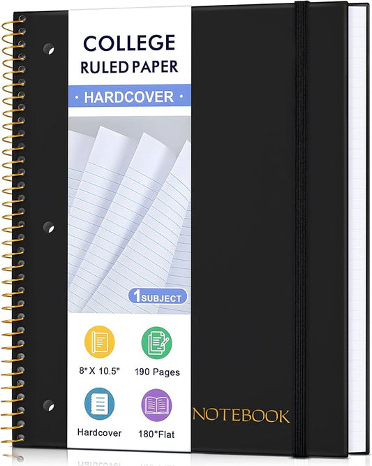 MUAHLIUB Spiral Notebook College Ruled Paper 8" x 10-1/2", 1 Subject Spiral Notebook, 3-Hole Punched Perforated Pages Ideal for School, Office, Writing, 95 Sheets Lined Journaling Notebook, Black