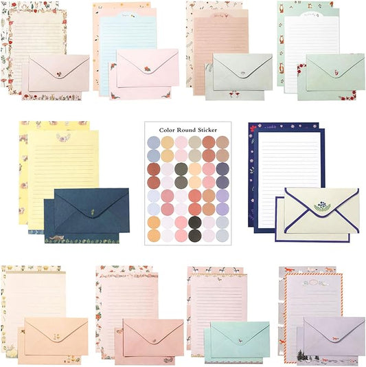 91 Pcs Stationery Paper Envelopes Set Includes 60 Lined Writing Stationery Paper & 30 Envelopes with 48 Round Dot Stickers, Cute Floral Letter Writing and Stationery Paper Envelopes (10 Style)