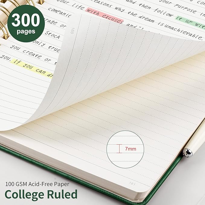 EMSHOI A4 Spiral Notebook College Ruled, Large 8.27"x11.2", Thick 300 Numbered Pages 100GSM Ink-Proof, Faux Leather Hardcover Lay-Flat Lined Journal for Work Office School Writing, Dark Green