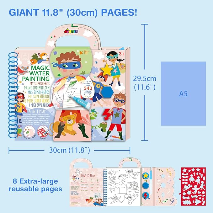 Water Coloring Books for Toddlers 3-5 Years,Mess-Free Painting Water-Reveal Coloring Book, Portable Magic Water Art Pad, Reusable Travel Toys for Road Trips Airplanes, Educational 4 in 1 Creative Set