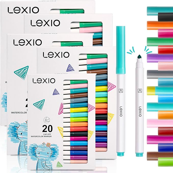 Lexio Washable Markers For Kids, 20 Vibrant Coloring, Washable Non Toxic Markers for Toddlers, Conical Tip, Easy Clean Coloring Book Marker Set for Kids Toddlers Adults Students (5 Box | 100 Markers)