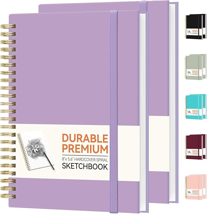 Forvencer 2 Pack Blank Spiral Notebook, 8"x 5.6"Hardcover Sketch Book, 100GSM Thick Paper, Art Sketchbook for Women & Adult, 100 pages / 50 Sheets Drawing Book Journal for School Office Drawing, Purple