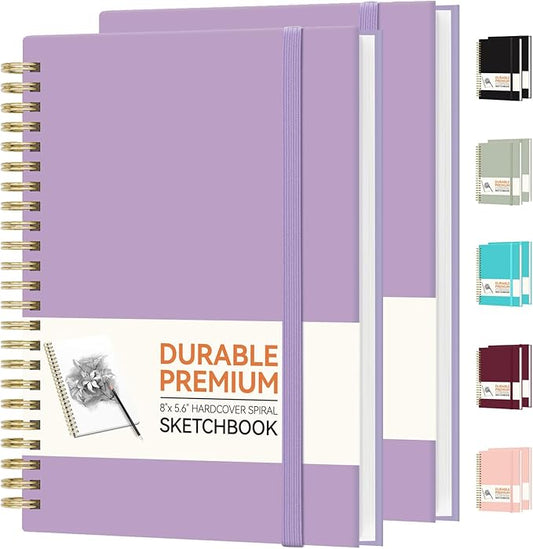 Forvencer 2 Pack Blank Spiral Notebook, 8"x 5.6"Hardcover Sketch Book, 100GSM Thick Paper, Art Sketchbook for Women & Adult, 100 pages / 50 Sheets Drawing Book Journal for School Office Drawing, Purple