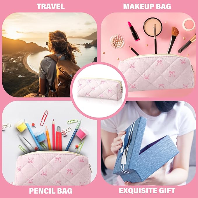 Sherr Coquette Bow Pencil Case Pink Bow Cute Pencil Pouch Soft Cotton Storage Bag Aesthetic Pattern Gift Makeup Pouch Cosmetic Travel Bag for Women