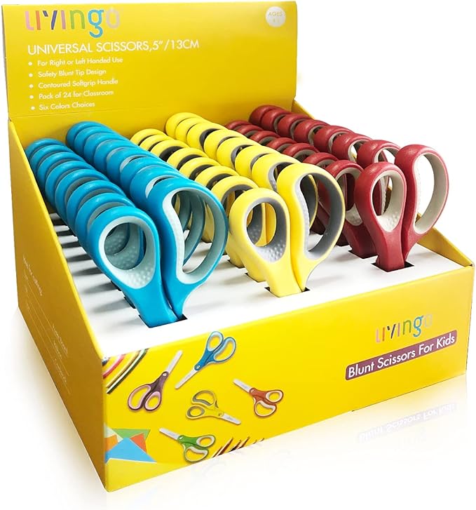 LIVINGO 24 Pack 5” Kids Scissors, Blunt Safety Blade, Left/Right Handle, Bulk School Supplies Preschool Shears for Teachers Student Toddler Children Classroom Crafting Cutting Paper