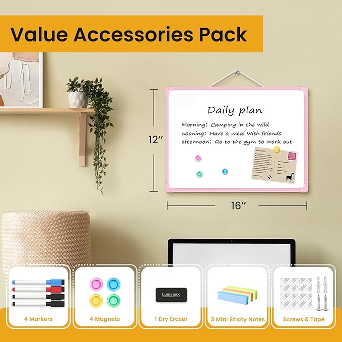 Pink Frame Small Dry Erase Board for Wall, 16" x 12" Double-Sided Hanging Whiteboard with 4 Markers, 4 Magnets and 3 Mini Sticky Notes, Portable Whiteboard for Kids, School, Home, Office