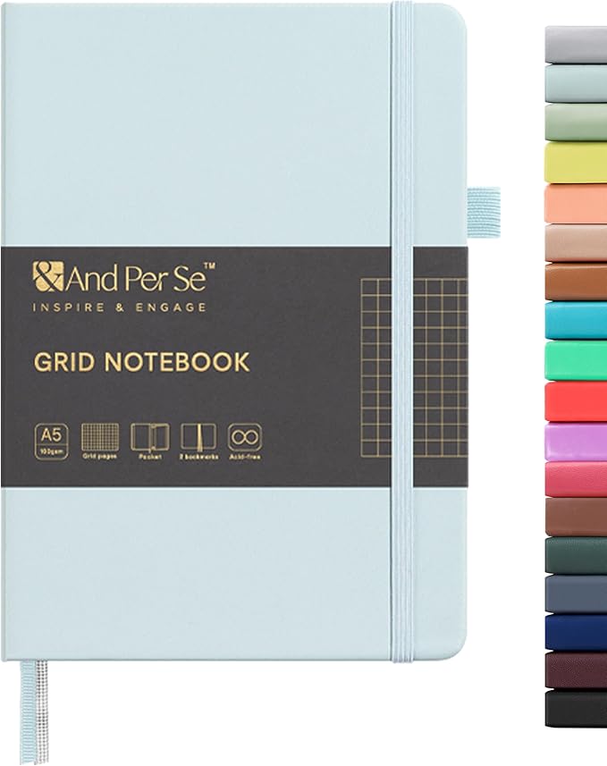 &And Per Se Graph Notebook, 5mm Grid, A5 Hardcover, 160 Pages 100gsm Thick Paper, Grid Journal for Diagrams, Wireframes, CAD Sketches (Cyan)