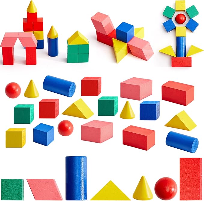 Deekin 70 Pcs Wood Geometric Solid Mini 3D Shapes Wooden Block Bulk for Teaching Classroom Manipulatives Elementary Shape Block for Geometry Math Kindergarten Preschool Learning (Geometry)