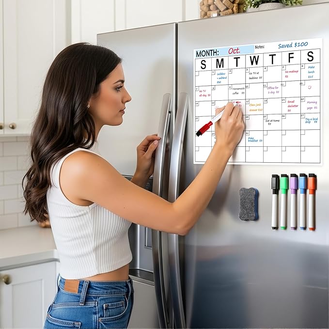 Dry Erase Magnetic Calendar for Refrigerator - Monthly Planner Magnet Whiteboard for Fridge Wall Door - Shopping, Meal/Menu, to Do List, Family Schedule Planning Board with 6 Markers - Black