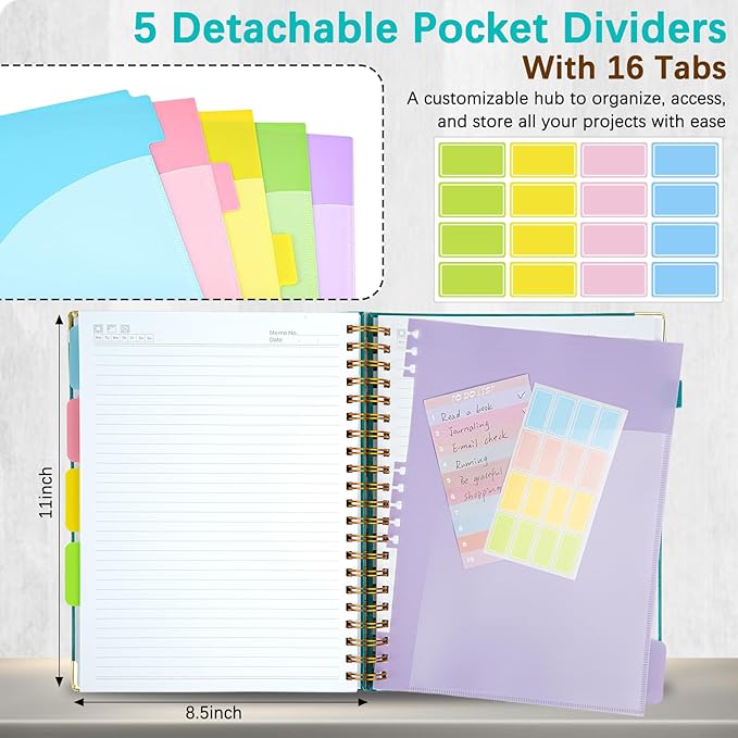 Hardcover Spiral Notebooks for Work 8.5''x 11'', 300 Pages 5 Subject Notebook with Dividers & Tabs, A4 Spiral Journal for Women, College Ruled Notebooks for School Note-Taking (Cyan)