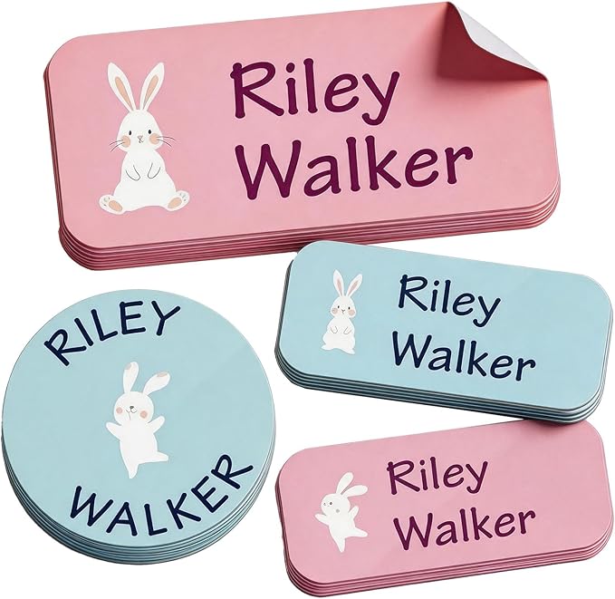 Waterproof Custom Name Stickers (135 Labels) - Personalized Daycare Labels for Clothing, Water Bottles, Lunch Boxes & School Supplies - Ideal for Camp & Daycare - No-Iron (Bunny)