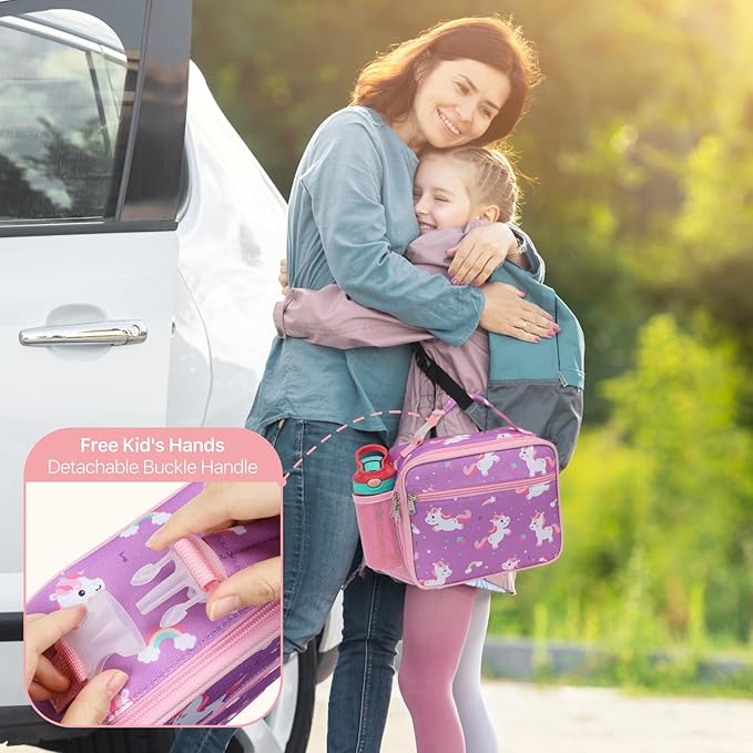 Bagseri Kids Lunch Bag Girls - Thermal Insulated Lunch Box Tote with Water Bottle Holder, Reusable Leak-Proof Kids Lunch Box for Daycare & School, Purple Cute Unicorn (Containers Not Included)