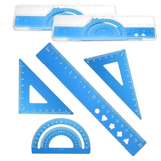 PATIKIL 8 Pcs Geometry Drafting Tool, Aluminum Alloy Geometry Kit Math Tool Includes 20cm L Ruler Protractor Triangles for Drafting Angle Measure Simple Science Experiment, Sky Blue