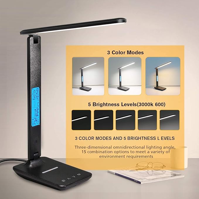 Desk Lamp with USB Charging Port,Wireless Charger LED Desk Lamp,Adjustable Foldable Table Lamp with Clock, Alarm, Date,5 Levels Dimmable Lighting,Home Office Lamp for Studying, Reading,Working (Black)