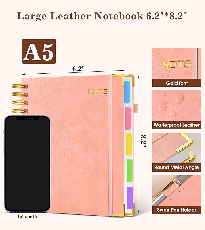 Hardcover Spiral Notebook with Removable Dividers Tabs, 300 pages Leather 5 Subject Notebook College Ruled, 6.2" x 8.2" Journal for Women Men, Small Notebooks for Work School Note taking,A5 Pink