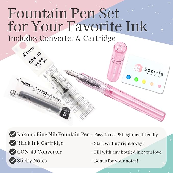 Fountain Pen Set CON-40 Converter & Kakuno Fine Nib with Black Ink Cartridge & Sticky Notes – Refillable Ink System, For Beginners, Calligraphy (Pink FKA-1SR-KGP-F)