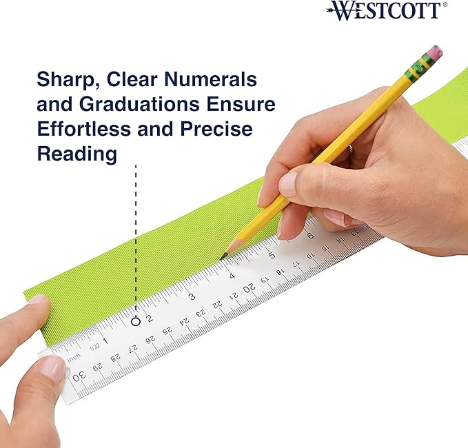 Westcott Acrylic Clear Ruler, Easy-to-Read Markings, Scratch-Resistant Design, Raised Beveled Edges, for Crafting, Office, Classroom, Back to School Supplies, 12-Inch