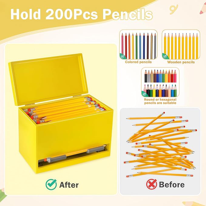 Aigybobo Pencil Dispenser for Classroom, Wooden Desk Pencil Holder, Yellow | Teacher Must Haves, Classroom Organization, Wooden Dispenser for Pencils or Straws, for Offices, Kitchens, Restaurants